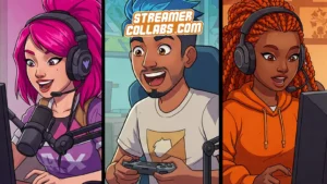 Gaming creators discussing small streamer collaboration strategies during StreamerCollabs podcast recording session with microphones and streaming setup