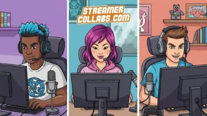 Gaming creators discussing small streamer collaboration strategies during StreamerCollabs podcast recording session with microphones and streaming setup