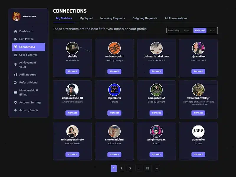 Demonstrating how the streamer matching system works and the granularity you can employ to find just the right collab partner.